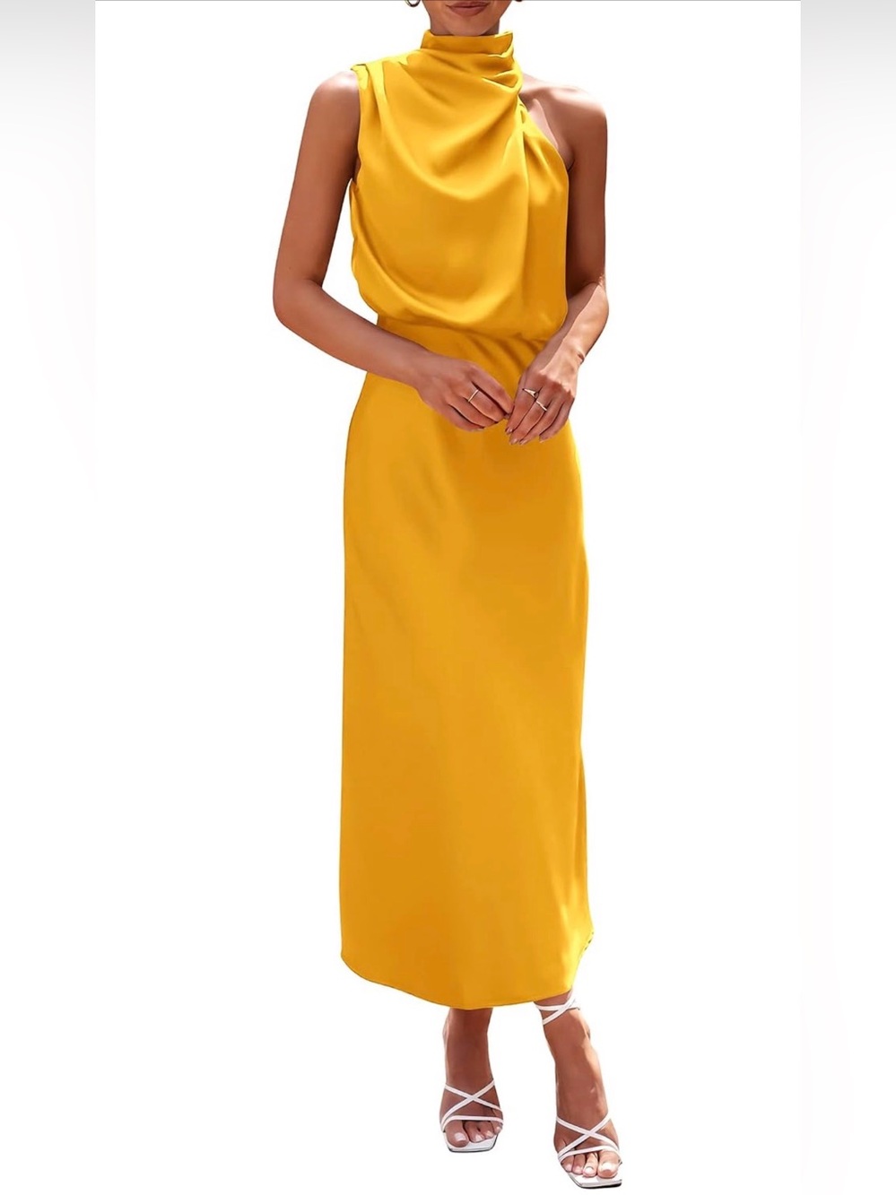 PrettyGarden Large Yellow Summer Satin Sleeveless Mock Neck Cocktail Dress
